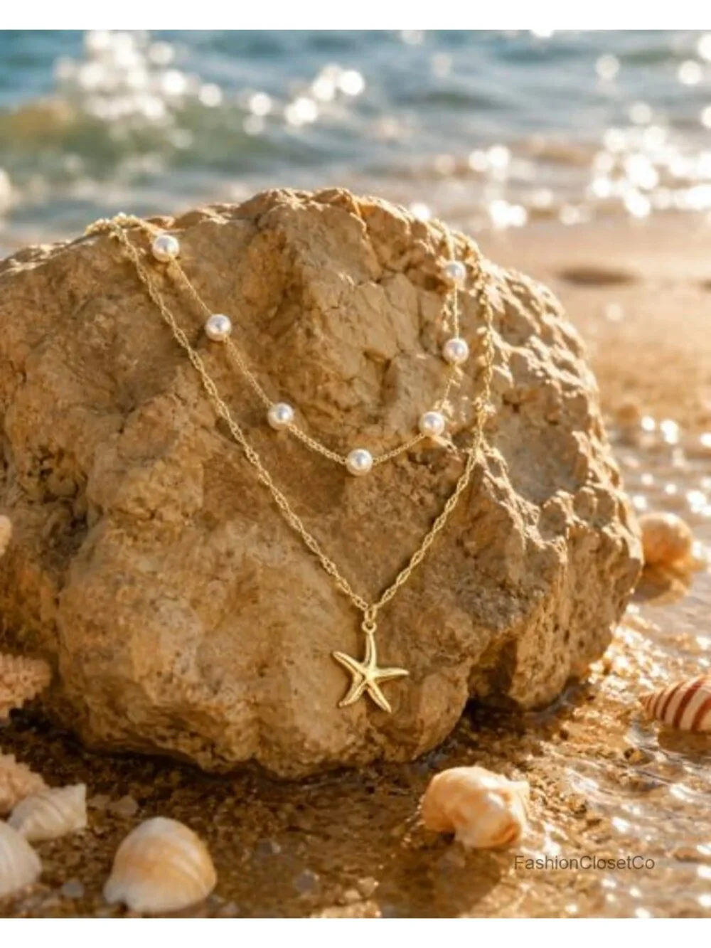 Layered Shell Starfish Pearl Necklace Gold Plated Beach Charm